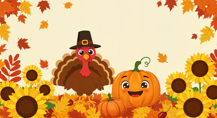 Naklejka premium Cartoon turkey and pumpkin surrounded by autumn leaves and sunflowers 