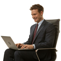 Smiling businessman in a pinstripe suit sits in a chair using a laptop. background removed