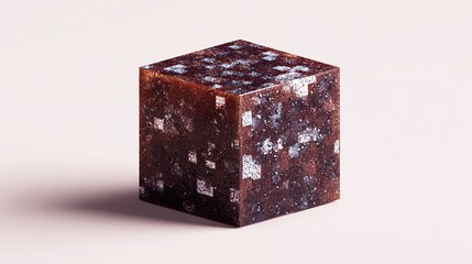 A dark brown cube with a speckled, almost mottled, surface, exhibiting lighter, almost white, square inclusions throughout its translucent material, casts a subtle shadow on a pale pink background