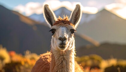 Llama portrait in mountainous landscape
