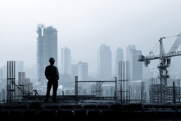 A structural engineer inspecting steel frameworks at a construction site. A city skyline rises in the distance. The mood feels bold and industrious, Generative AI