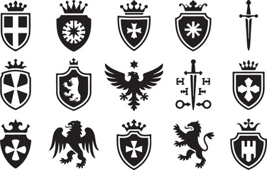 Obraz premium ollection of 16 Heraldic Shields and Crests, Medieval and Royal Emblems with Lions and Swords