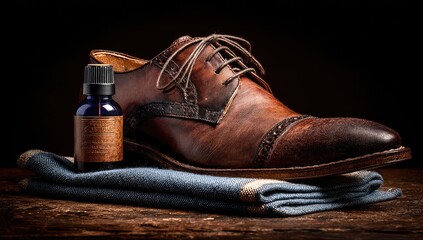 Brown leather dress shoe, polishing supplies