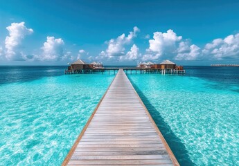 Fototapeta premium Wooden pier extending into turquoise ocean on tropical beach, summer vacation travel destination with white sand and blue sky