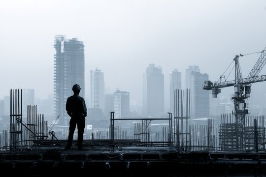 A structural engineer inspecting steel frameworks at a construction site. A city skyline rises in the distance. The mood feels bold and industrious, Generative AI