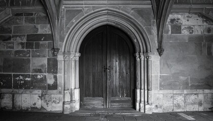 Ancient stone architecture of a gothic church door in a medieval abbey, showing its weathered history and religious importance