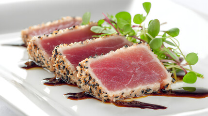 High Resolution Image of Seared Tuna Steak with Fresh Microgreens on Plate