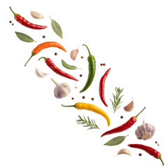 A vibrant arrangement of chili peppers, garlic cloves, rosemary, bay leaves, and peppercorns against a transparent background. background removed