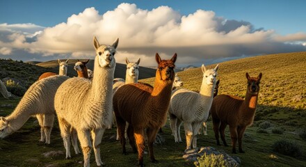 Herd of Alpacas Grazing on a Hillside in the Andes Mountains at Sunset