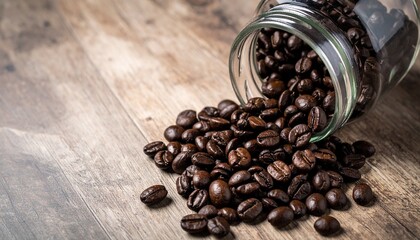 Dark-roasted coffee beans spill from a wooden scoop onto a brown table beside a white cup, evoking the morning aroma of a rich espresso drink