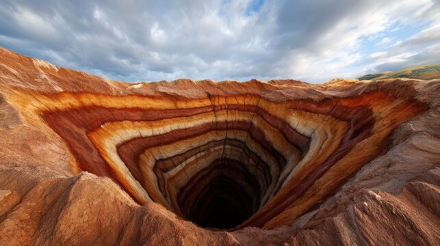 Colorful geological layers in a deep sinkhole