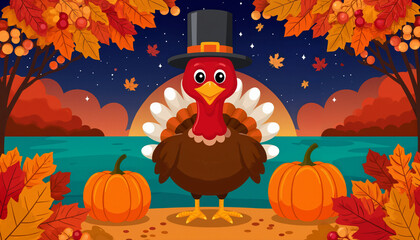 Cartoon turkey wearing a top hat surrounded by autumn leaves and pumpkins  
