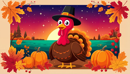 Fototapeta premium Cartoon turkey wearing a hat surrounded by pumpkins and autumn leaves 