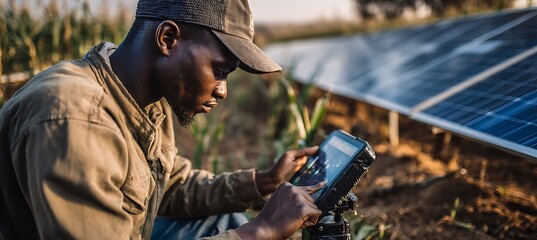 Man using tablet near solar panels for renewable energy in agriculture technology innovation outdoors
