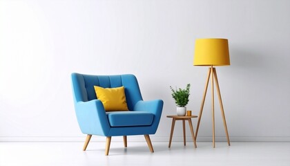A Blue Armchair with a Yellow Cushion and a Yellow Lamp in a Minimalist Room

