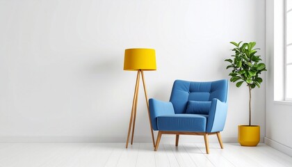 A Blue Armchair with  a Yellow Lamp in a Minimalist Room
