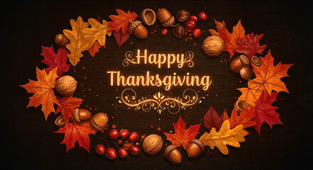 Thanksgiving decoration with autumn leaves and nuts on dark background  