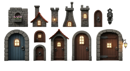 Collection of Medieval Architecture Elements Featuring Stone and Wooden Doors