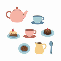 Charming Tea Party Collection: Teapot, Cups, Cakes, Cookies, Creamer, and Spoon Vector Illustration