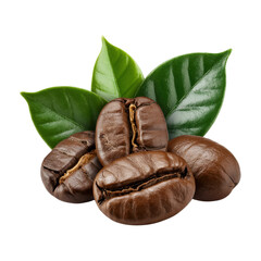Roasted coffee beans with green leaves, isolated on transparent background. background removed