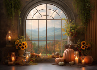 Fototapeta premium Autumn Window Display with Mountains, Pumpkins, Sunflowers, and Candles for Seasonal Home Decor