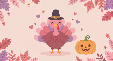 Naklejka premium Cartoon turkey wearing a hat with a pumpkin and autumn leaves 