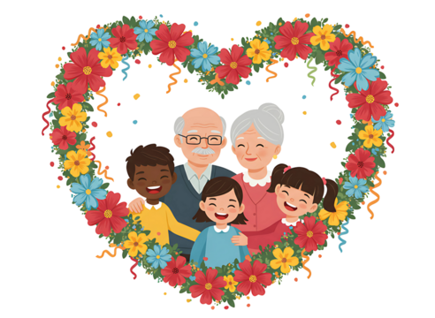 Happy diverse family embraced by heart shaped flower wreath isolated on transparent background