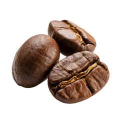 Close-up of three roasted coffee beans, isolated on a transparent background. background removed