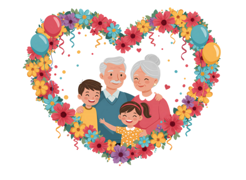 Happy family portrait inside a floral heart shape isolated on transparent background