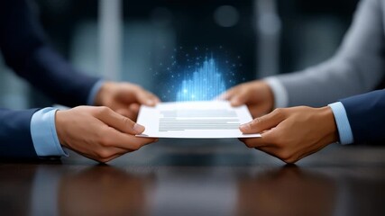 Hands of two professionals exchanging report with digital overlay illustrating data analysis. Bright office space with focused atmosphere. Concept of corporate teamwork, data management, innovation