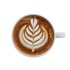 Overhead view of a cup of latte art, featuring a leaf design in frothy milk. background removed