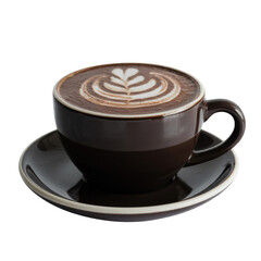 A dark brown cup of coffee with latte art sits on a matching saucer against a transparent background. background removed