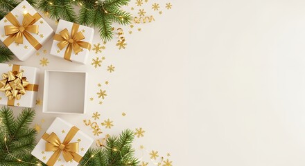 Three white gift boxes with gold ribbon bows and stars an open box evergreen branches golden snowflake confetti and fairy lights arranged on a light background