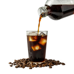 Cold brew coffee being poured into a glass filled with ice cubes, surrounded by coffee beans. background removed