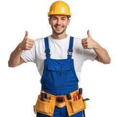 Happy construction worker with thumbs up, wearing a yellow helmet and blue overalls. background removed