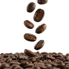 Roasted coffee beans falling onto a pile of other beans, isolated on a transparent background. background removed