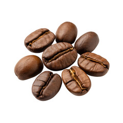 Close-up of seven roasted coffee beans arranged in a circular pattern on a transparent background. background removed