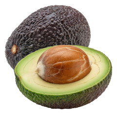 A whole avocado and a half avocado with a large seed, isolated on a transparent background. background removed