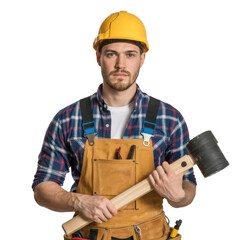A construction worker, wearing a yellow helmet and overalls, confidently holds a mallet. background removed