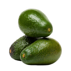 Three ripe avocados are stacked on a transparent background, showcasing their rich green color and textured skin. background removed