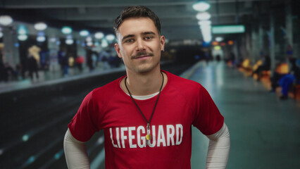 Fototapeta premium Young hispanic man with mustache and earring wearing lifeguard t-shirt stands confidently at indoor train station, vibrant lights and platform visible in background.