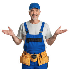 Happy handyman in blue overalls with tool belt, palms open, ready to help. background removed