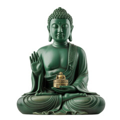 A serene green Buddha statue in a meditative pose, holding a smaller golden Buddha. background removed