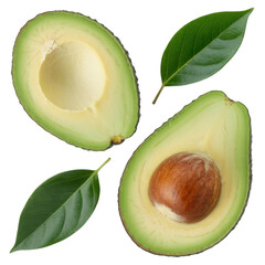 Two avocado halves with pits and leaves, isolated on a transparent background. background removed