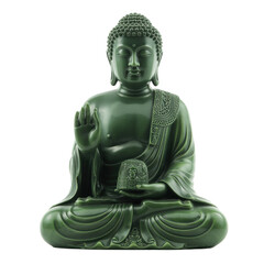 Serene green Buddha statue in lotus position, holding a dharmachakra, signifying enlightenment and peace. background removed