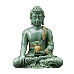 Serene green Buddha statue in meditative pose, holding a golden alms bowl, isolated on transparent background. background removed