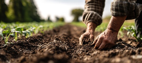 Agriculture field worker planting crops organic farming farmer hands in soil cultivation and growth cycle