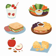 Assortment of healthy and appealing lunch and snack options including sandwiches, fruits, vegetables, and drinks, presented as flat lay illustrations.