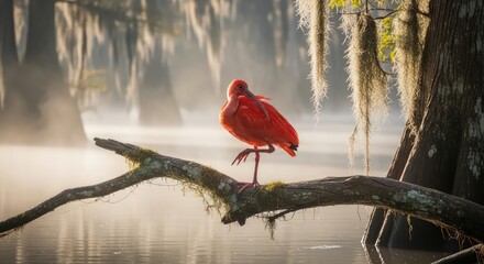 Scarlet Ibis Perched on Branch in Misty Louisiana Swamp at Sunrise