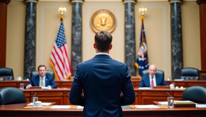 A man in a suit prepares to speak before the US Congress. In the background are committee members and an American flag. The scene reflects politics, democracy and the legislative process.